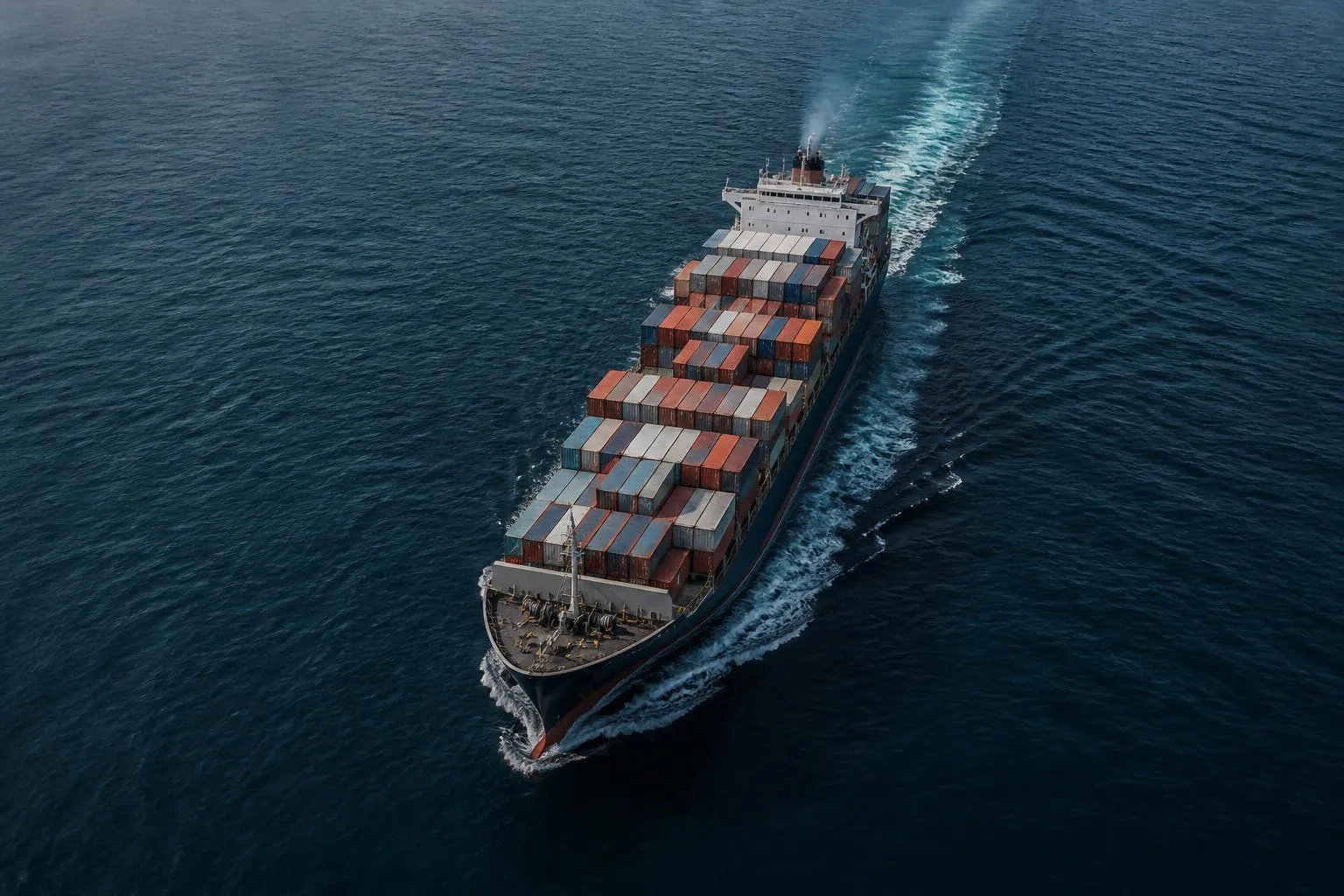 Container ship sailing on open sea, aerial view